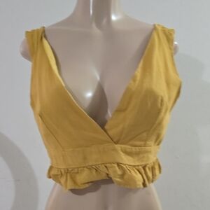 Women's Mustard Ruffle Hem V-Neck Crop Top